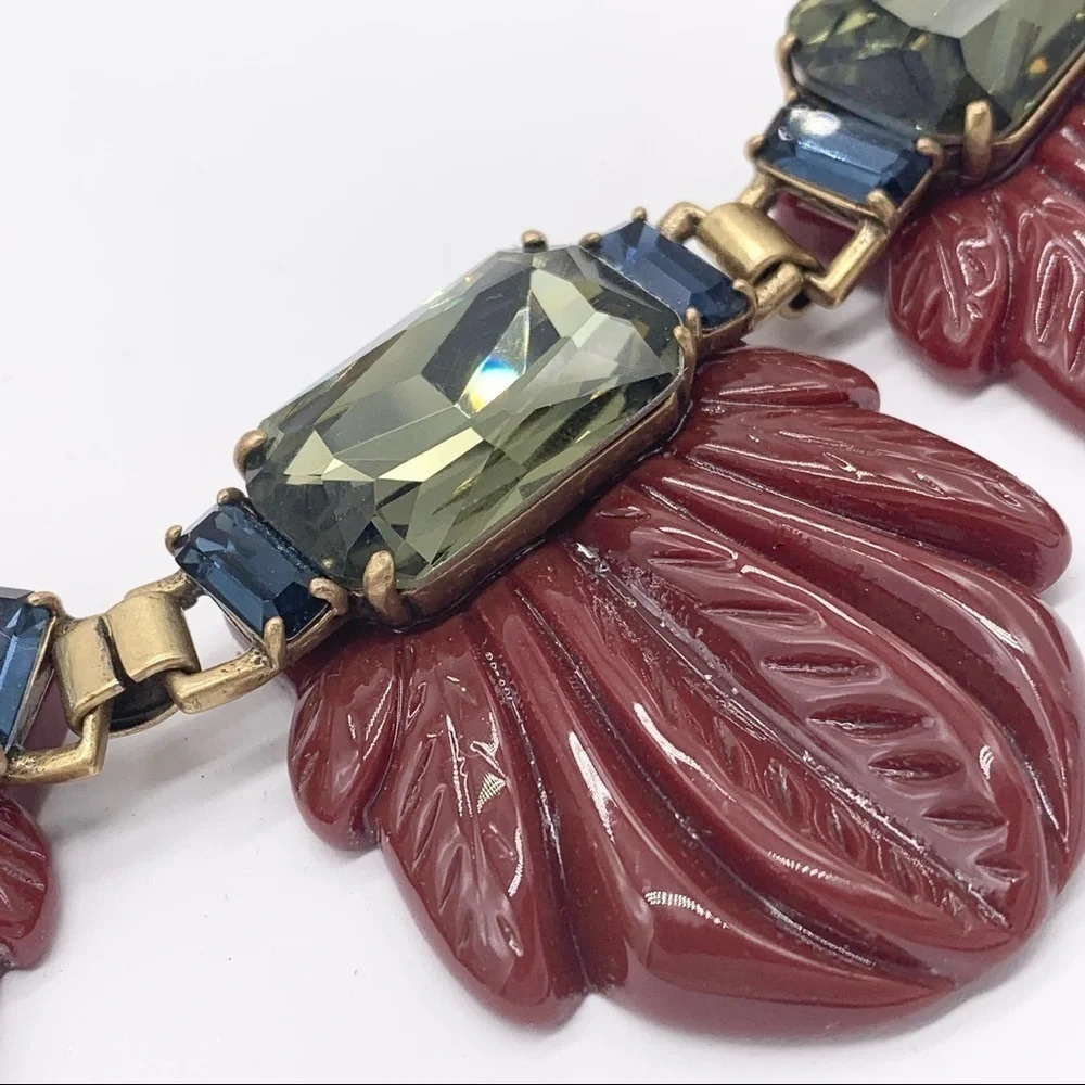 J. Crew Blue & Green Crystal Burgundy Resin Gold Necklace - Picture 3 of 5
